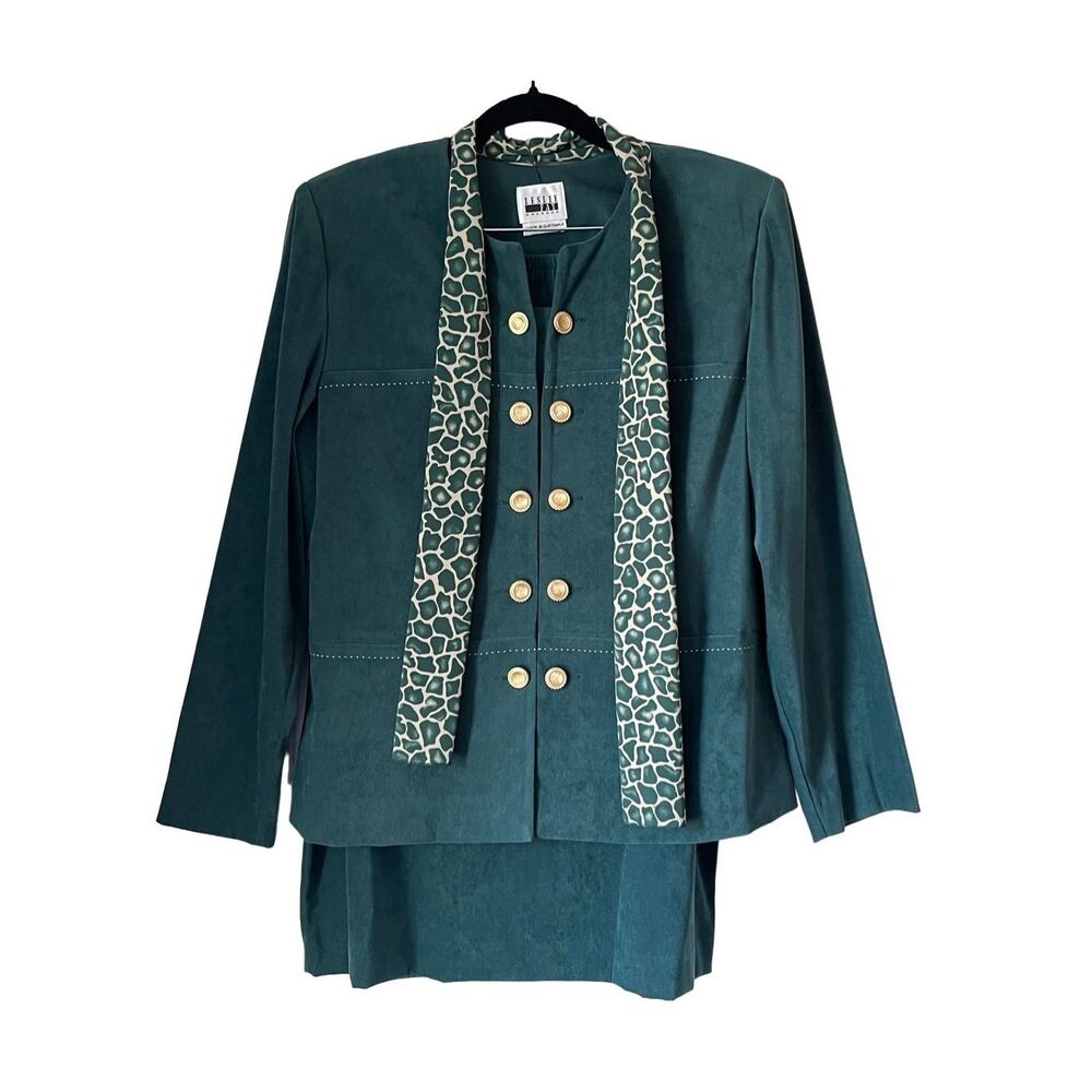 D1 80s Vintage Leslie Fay‎ Green Skirt Suit Set Size 10